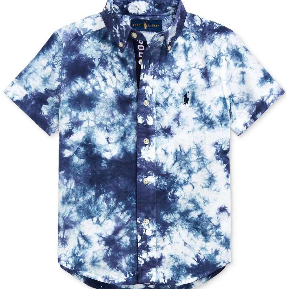 Ralph Lauren boys Navy and White Tie-Dye Button-Down Shirt‎